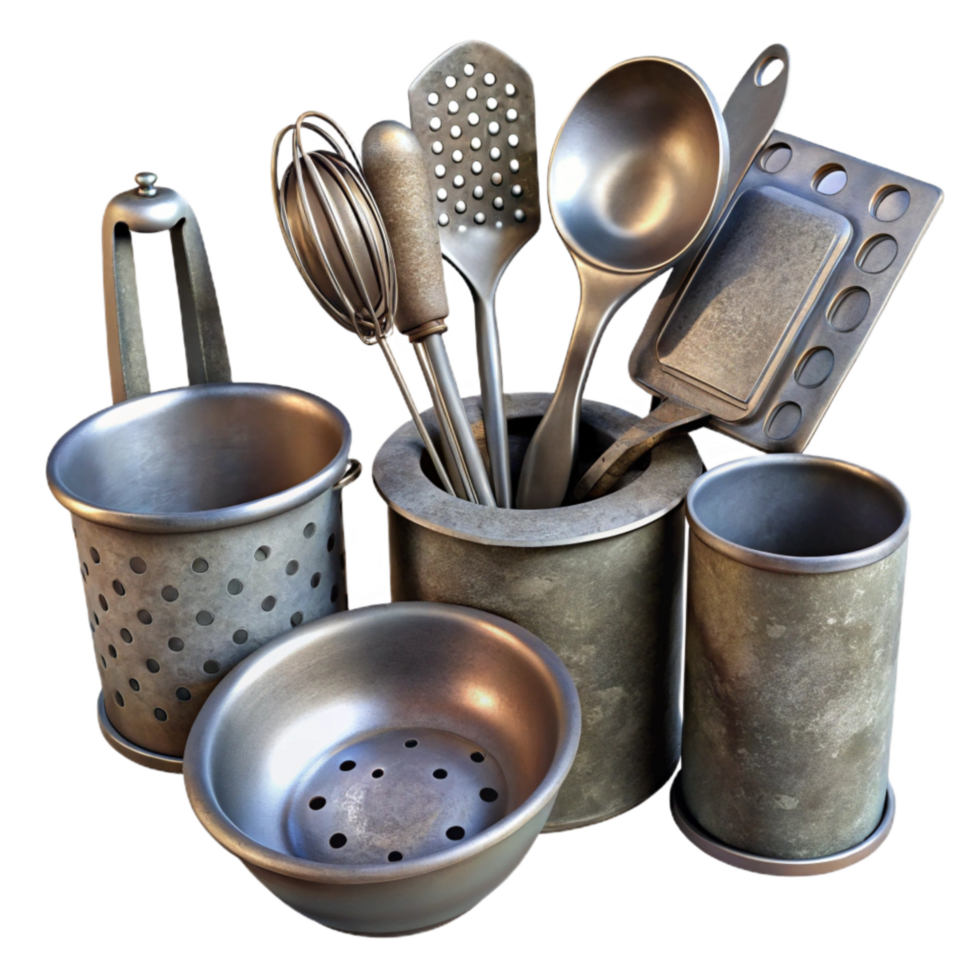 stunning rustic Kitchen Utensils Set Metal Isolated on White Background authentic png