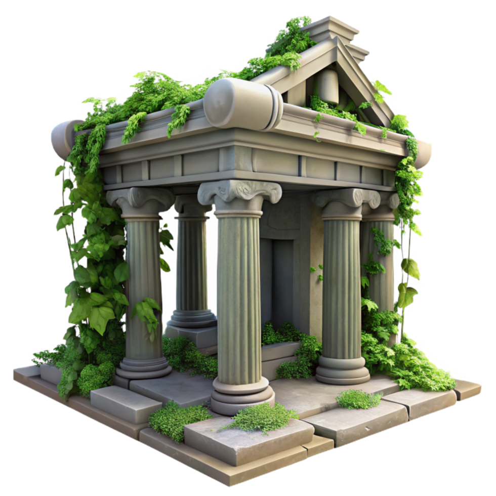 vibrant minimalist Lost Temple Ruins Overgrown Vines Transparent Background premium png