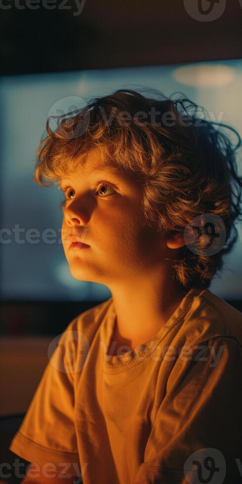 Young boy gazing intently at a screen in a dimly lit room with warm lighting reflecting on his face photo