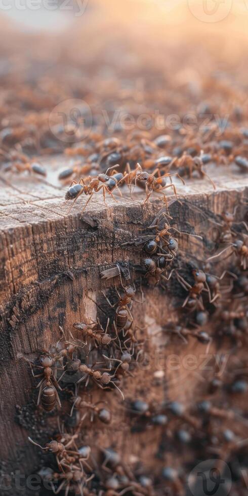 Close up of ants crawling on a wooden log in natural sunlight photo