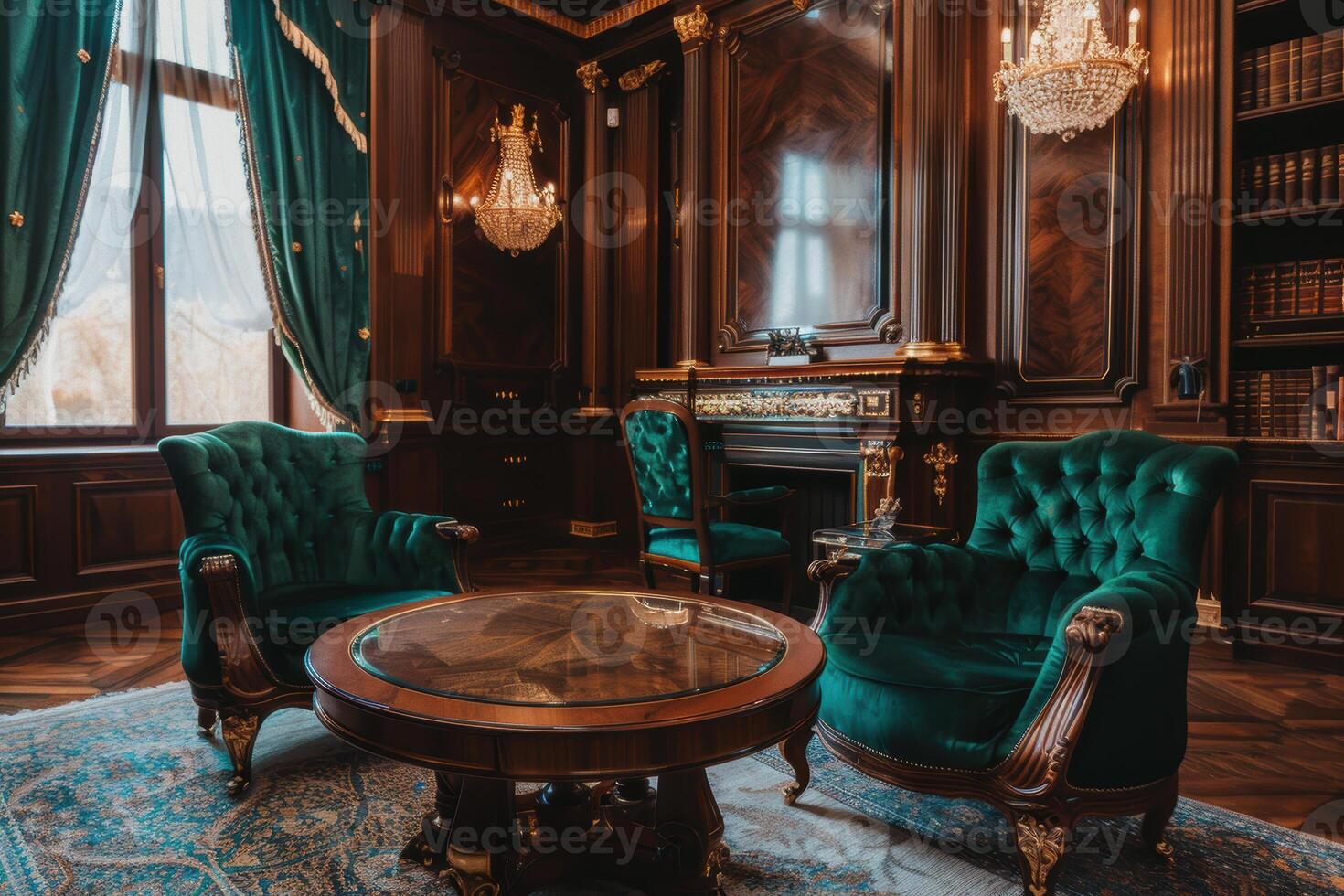 Elegant vintage library lounge with luxurious teal velvet armchairs and crystal chandeliers in a classic setting photo