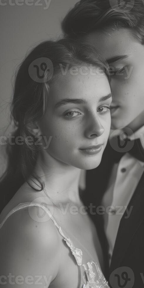 Young caucasian couple in formal attire sharing an intimate moment, with elegant and timeless expressions photo