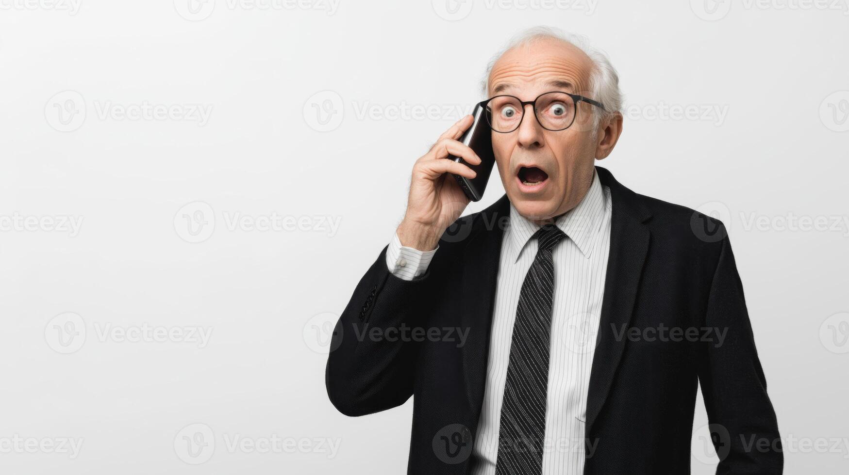 Surprised Elderly Man in Suit Reacts While Talking on Against White Background photo
