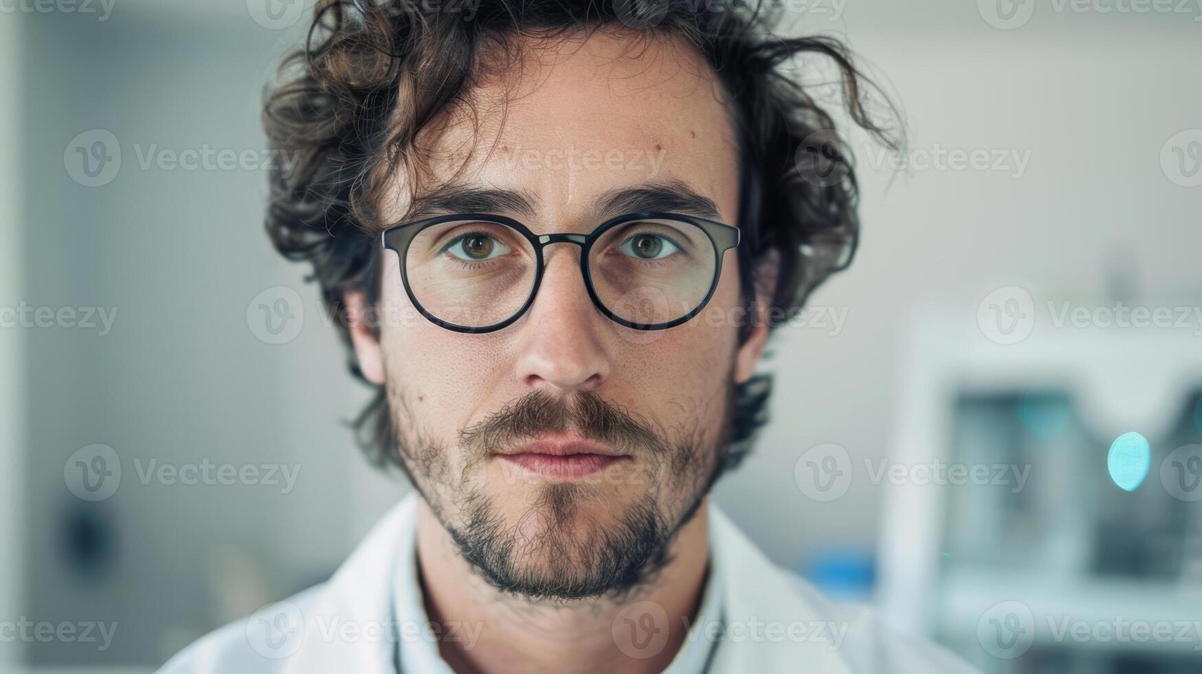 Young caucasian man in a lab coat with glasses standing in a modern laboratory setting photo