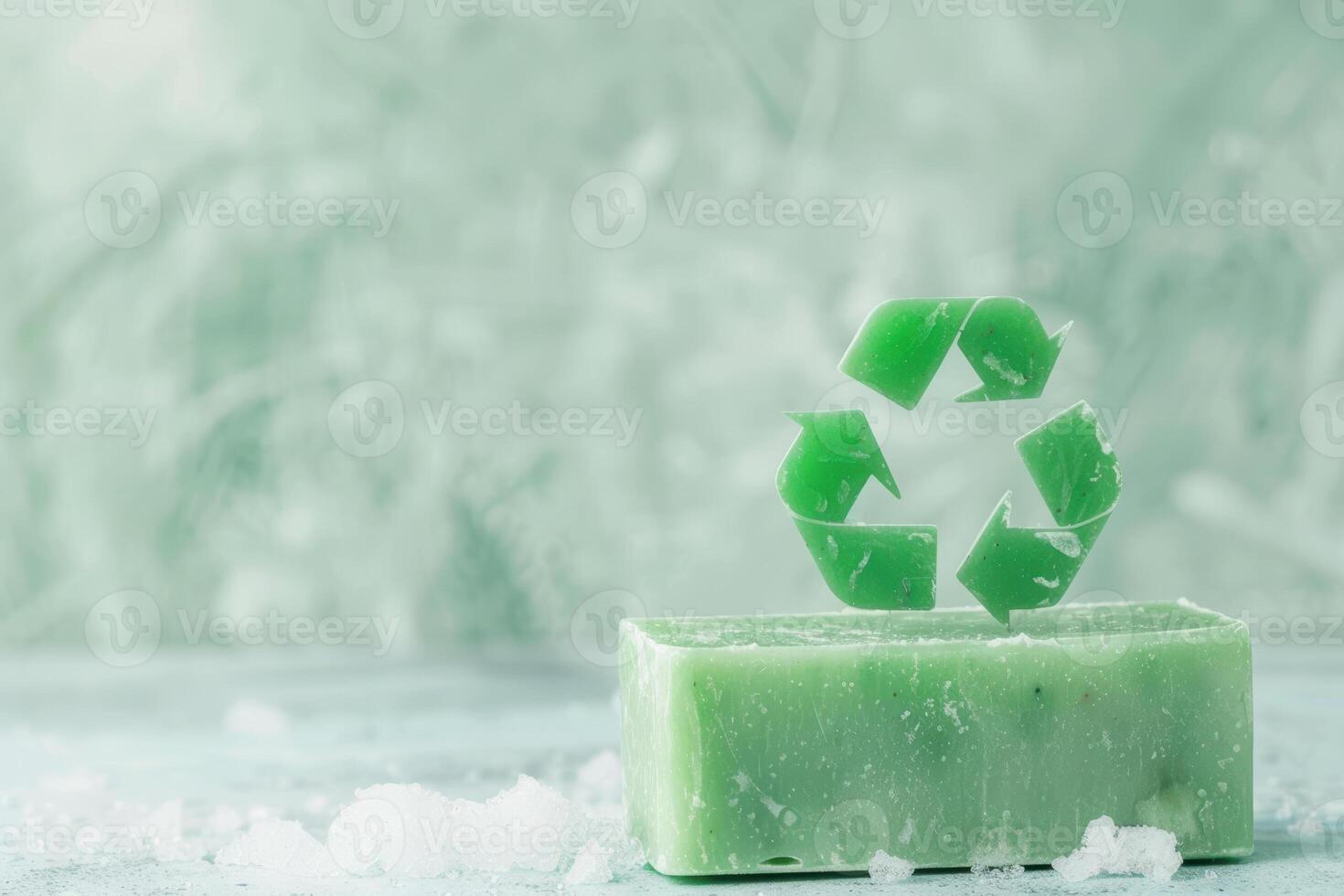 Green recycled soap bar featuring eco friendly symbol on textured background photo
