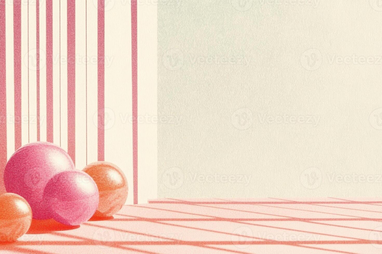 Abstract Composition of Pink and Orange Spheres with Striped Shadows in Minimalist Setting photo