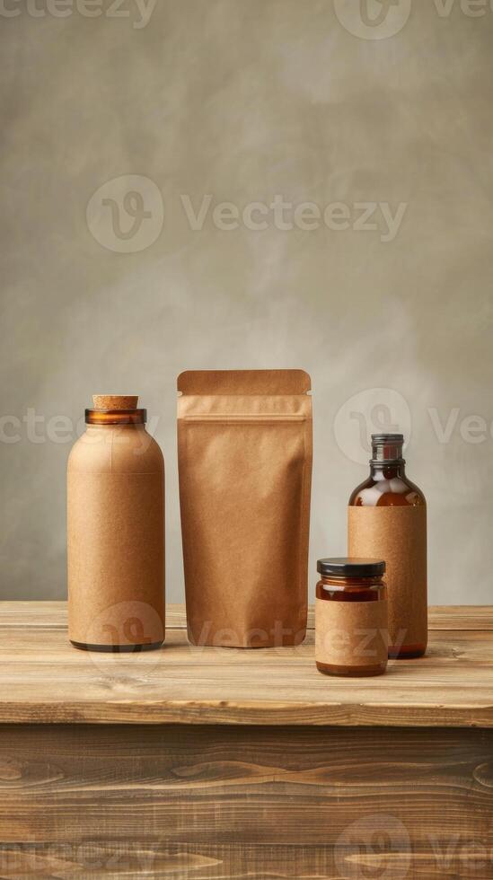 Eco friendly packaging set with glass and paper bottles on rustic wooden table against neutral background photo