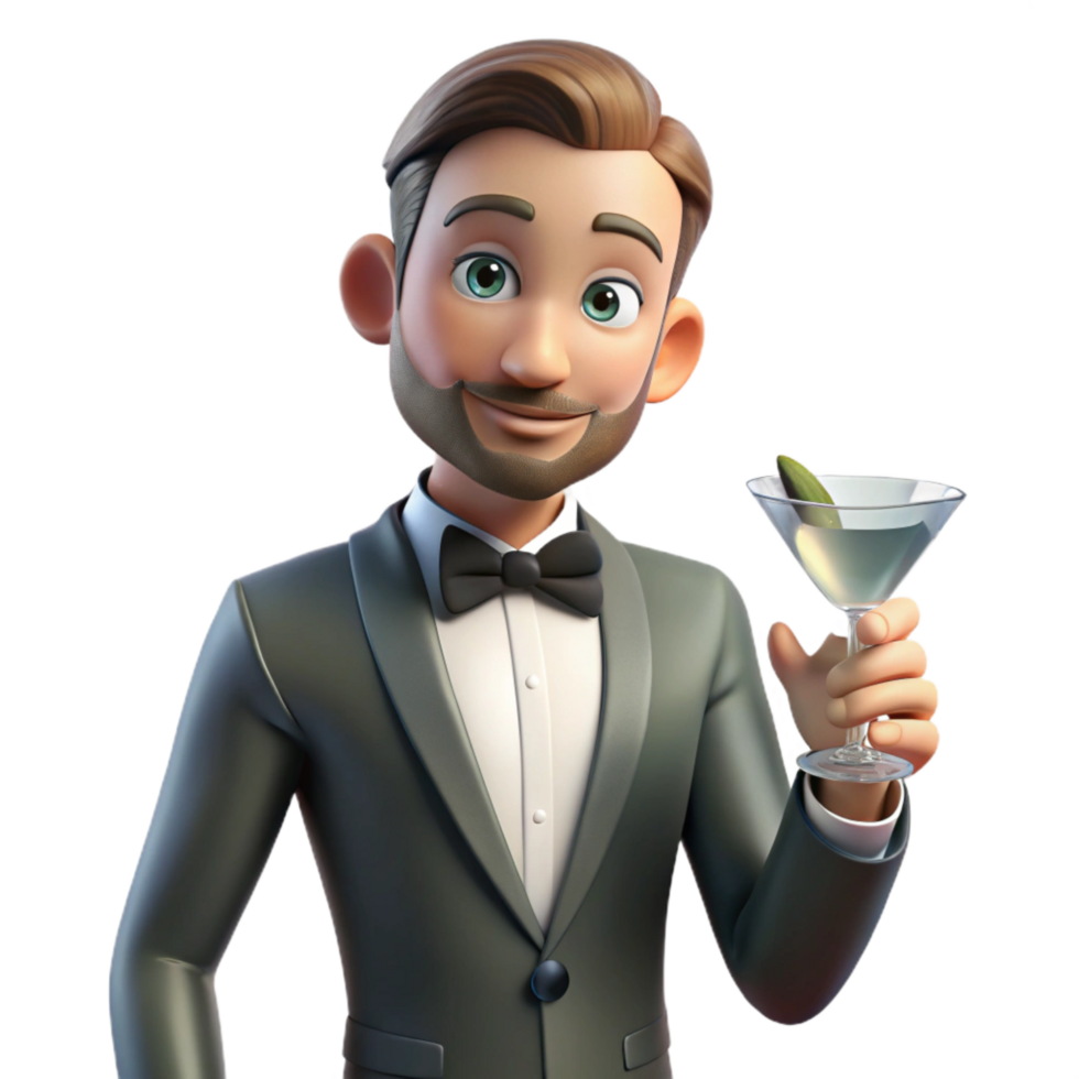stunning modern Man in Tuxedo Holding Martini Glass Isolated Element professional png