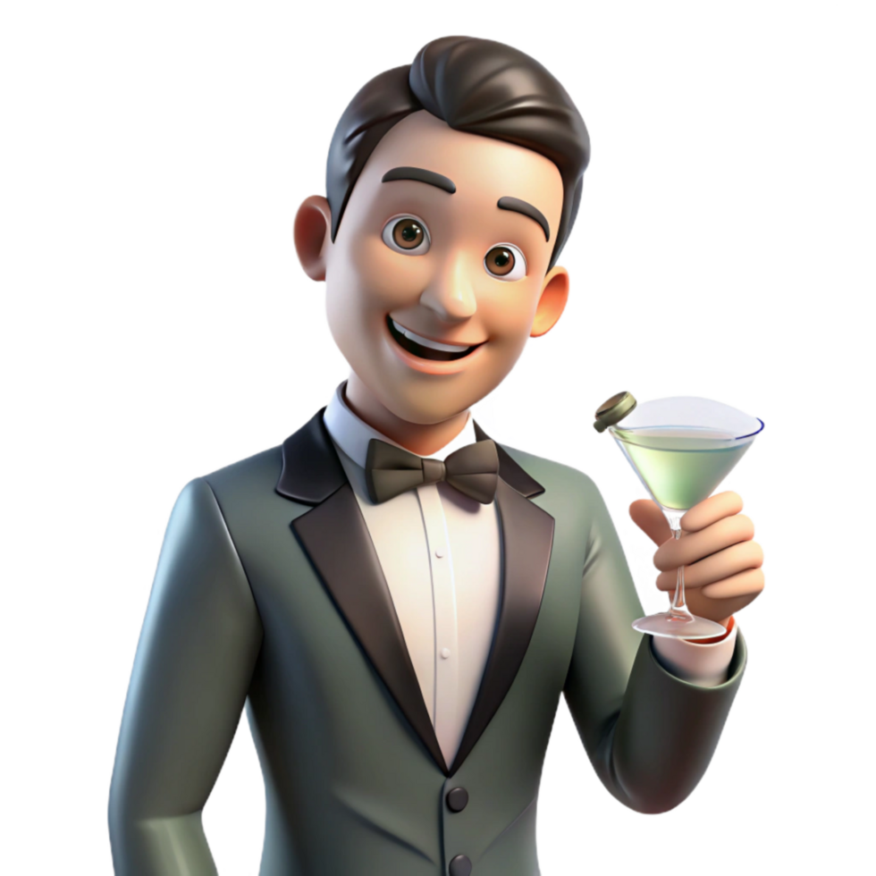 dramatic creative Man in Tuxedo Holding Martini Glass Isolated Element professional png