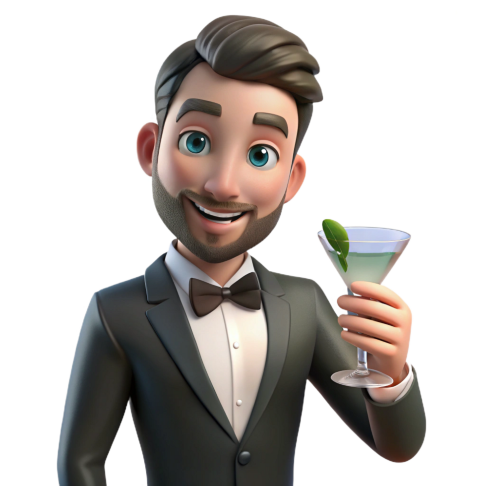magnificent vintage Man in Tuxedo Holding Martini Glass Isolated Element premium png