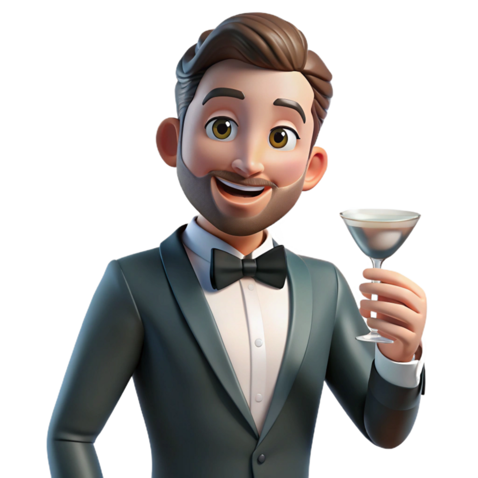 elegant rustic Man in Tuxedo Holding Martini Glass Isolated Element high quality png