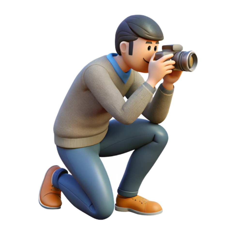 beautiful artistic Man Taking Photo Kneeling Down Transparent Background authentic png