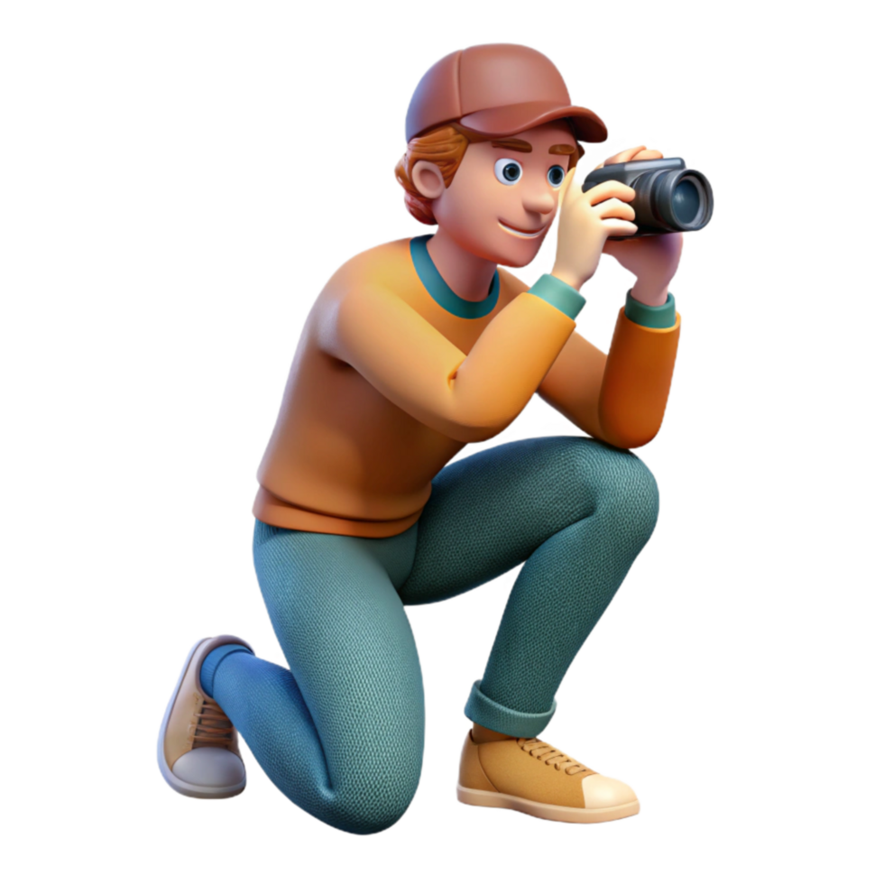 extraordinary artistic Man Taking Photo Kneeling Down Transparent Background premium png