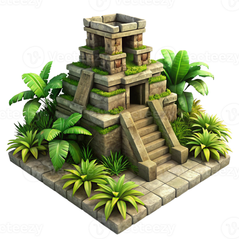 elegant rustic Mayan Temple Ruins Overgrown Vegetation detailed png