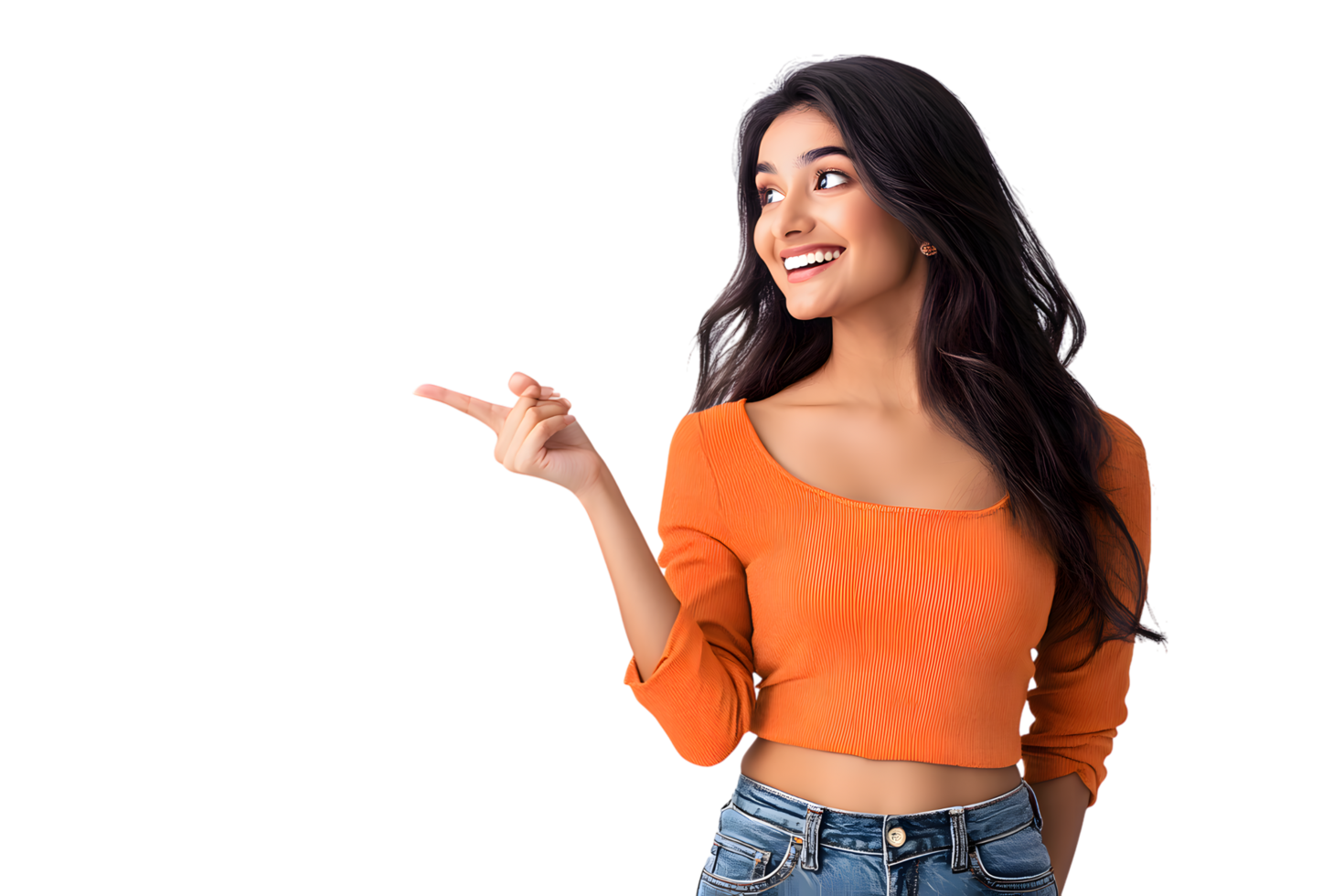 Smiling Woman in Orange Blouse Pointing transparent background png