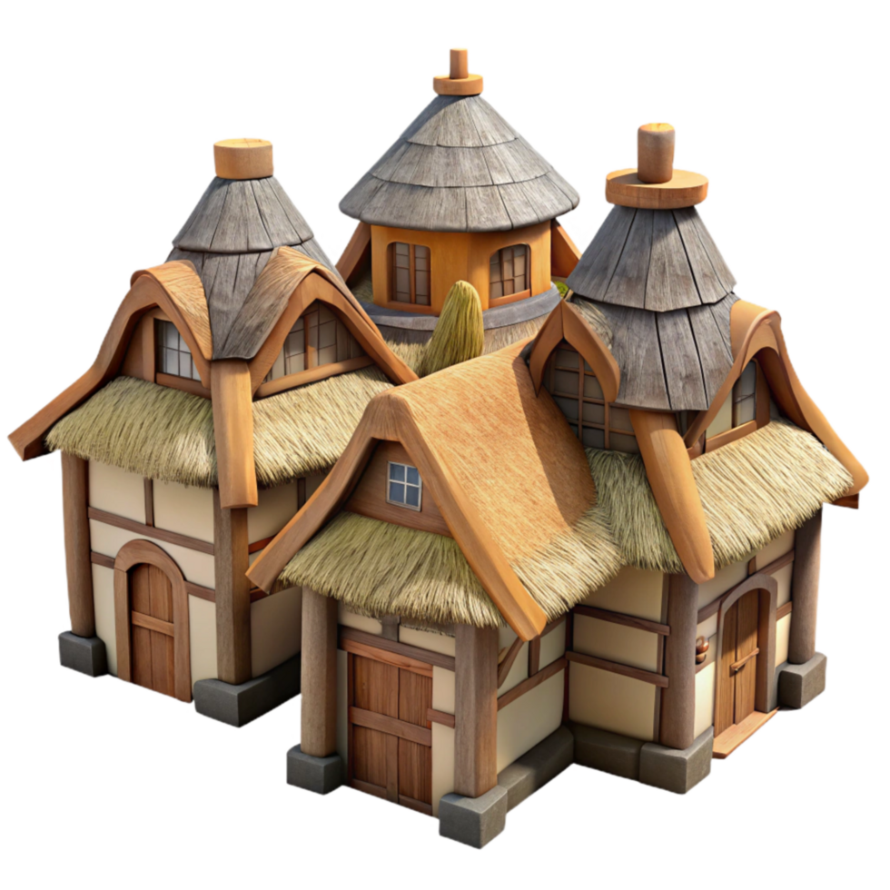 vibrant rustic Medieval Village Houses Thatched Roofs Transparent Background exclusive png