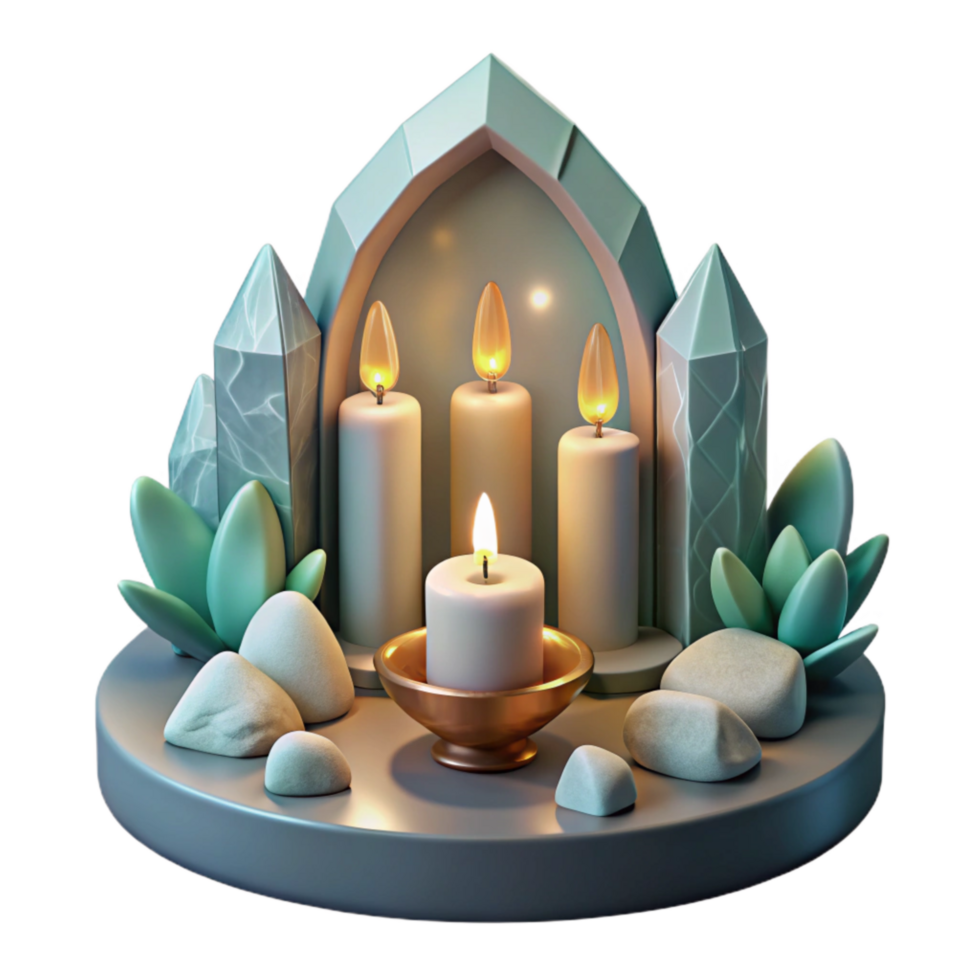 impressive artistic Meditation Altar Candles and Crystals Transparent Background high quality png