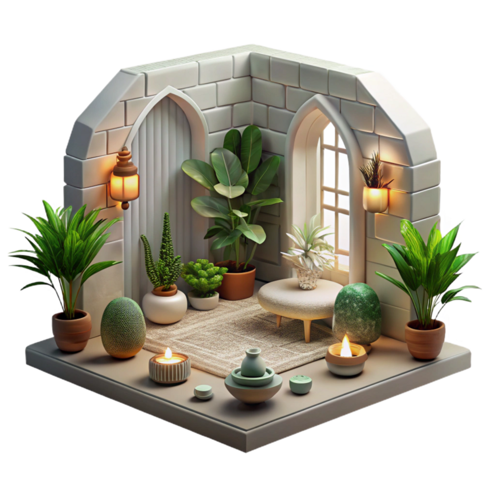 dramatic artistic Meditation Room Decorated with Plants Transparent Background high quality png