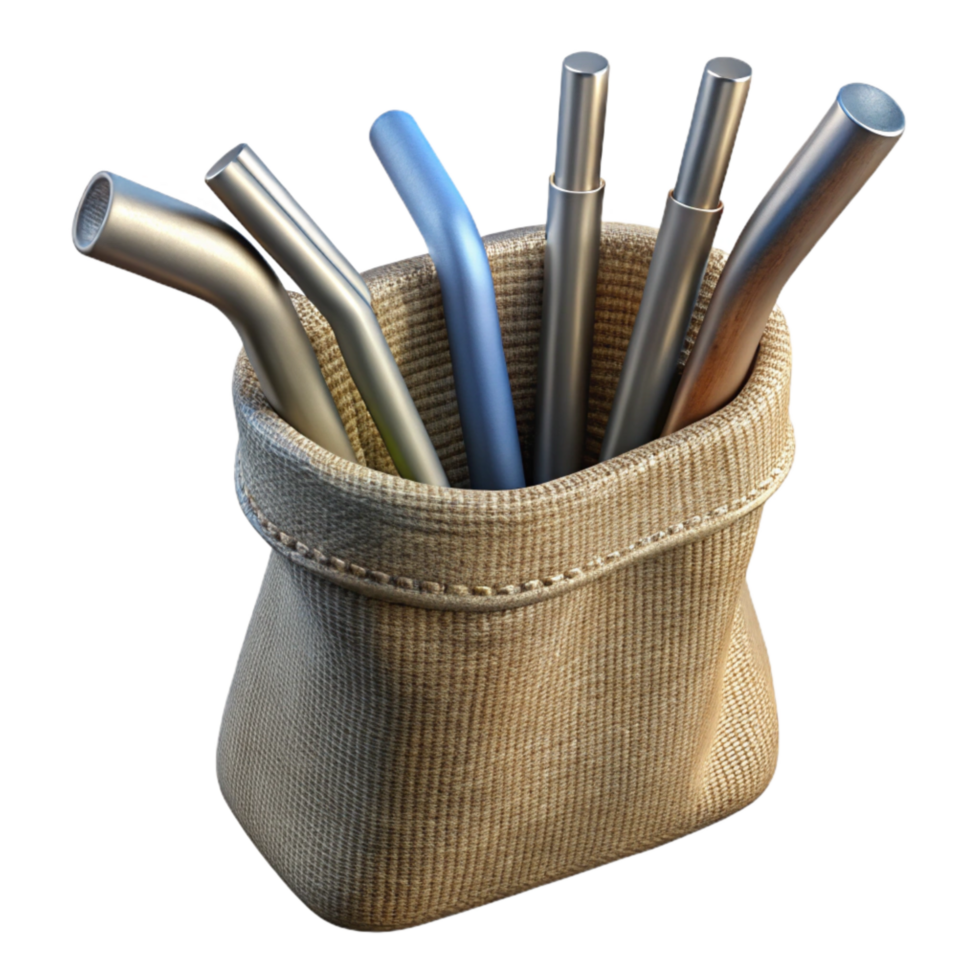 beautiful contemporary Metal Straws in a Canvas Pouch Cutout on Transparent Background genuine png
