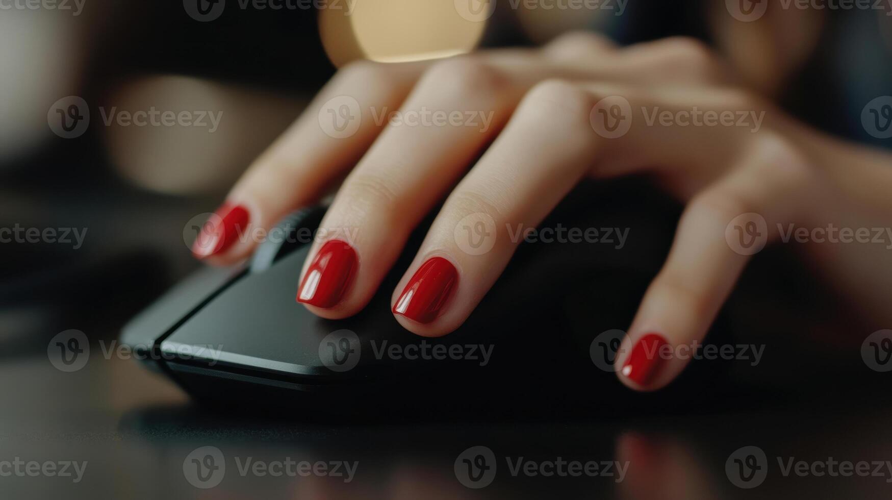 Elegant Hand with Red Nails Using Computer Mouse in Modern Workspace photo