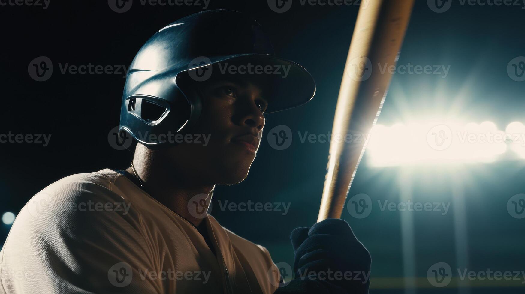 Focused Baseball Player Under Stadium Lights Holding a Bat photo