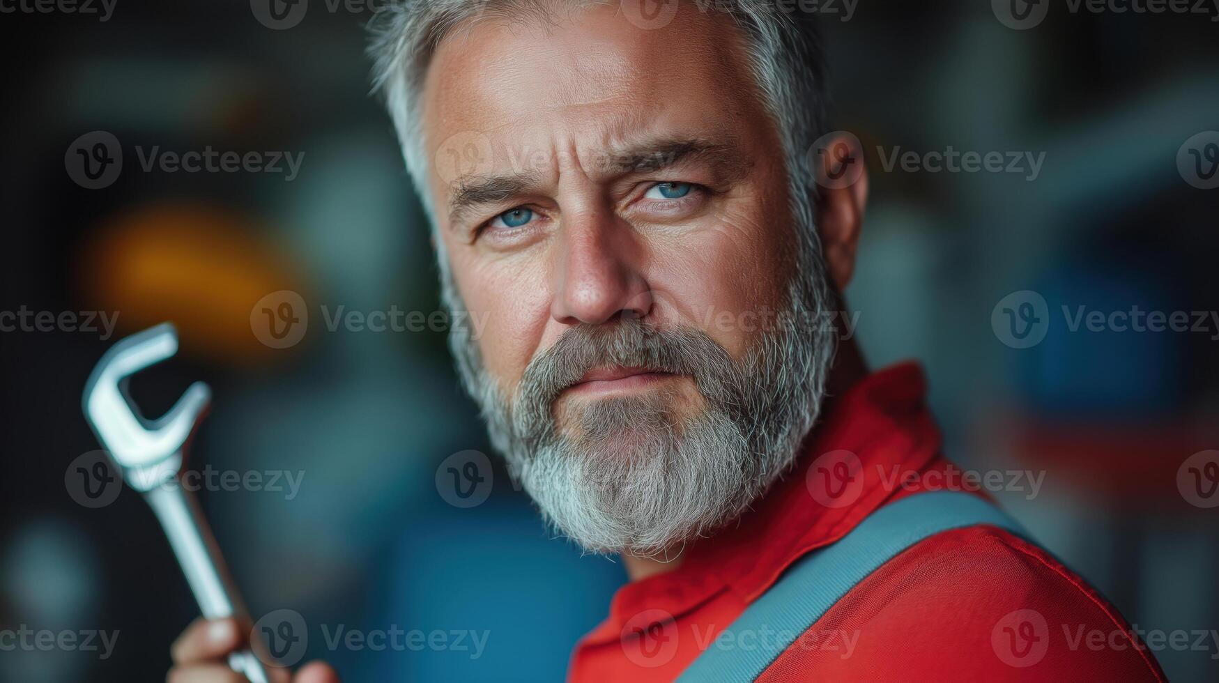 Mature Man Holding Wrench Confident Mechanic Ready for Repairs in Workshop photo