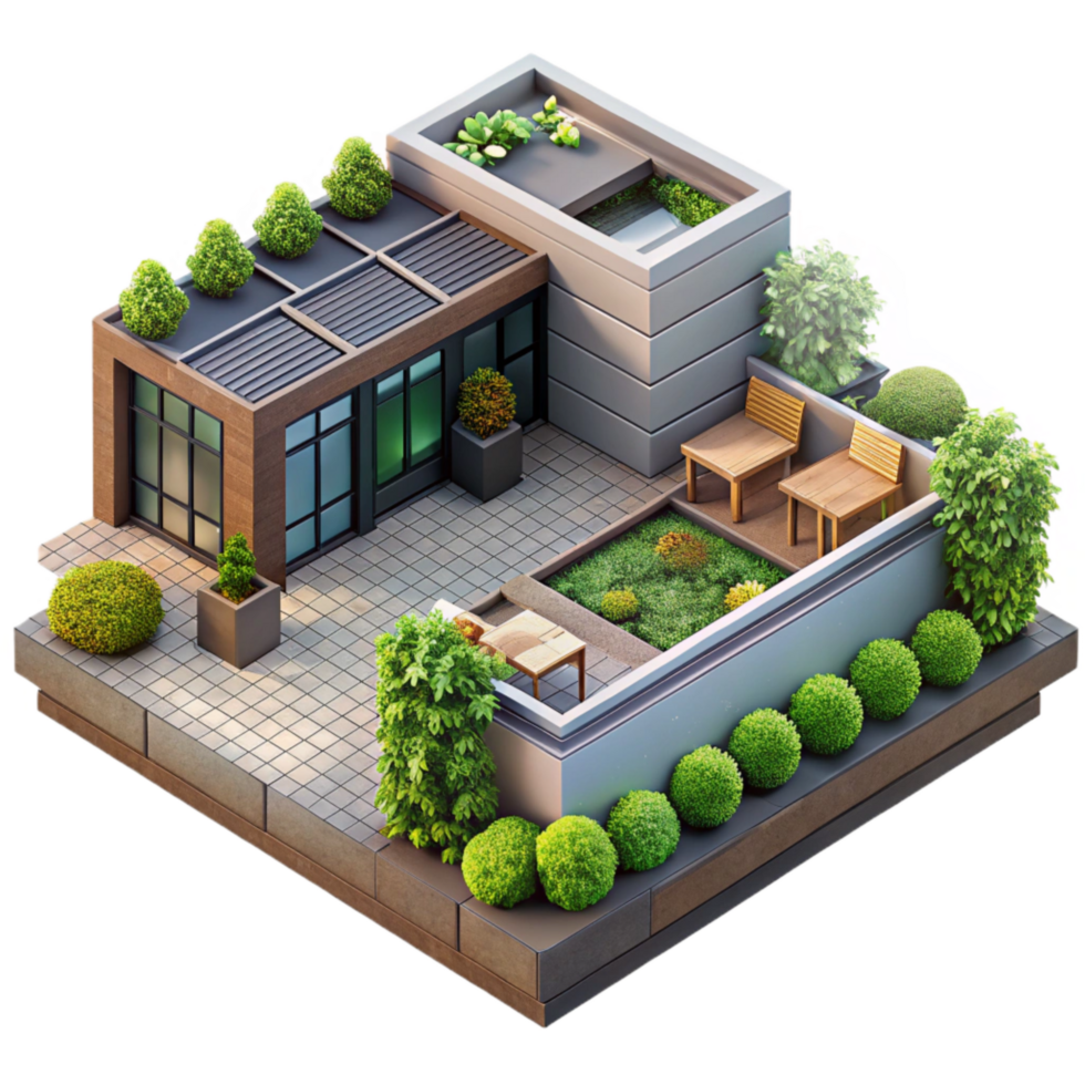 magnificent modern Modern Building Rooftop Garden Top View Isolated detailed png