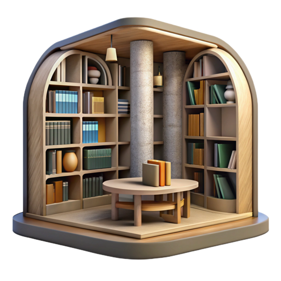 elegant vintage Modern Library Interior with Bookshelves Cutout Element detailed png
