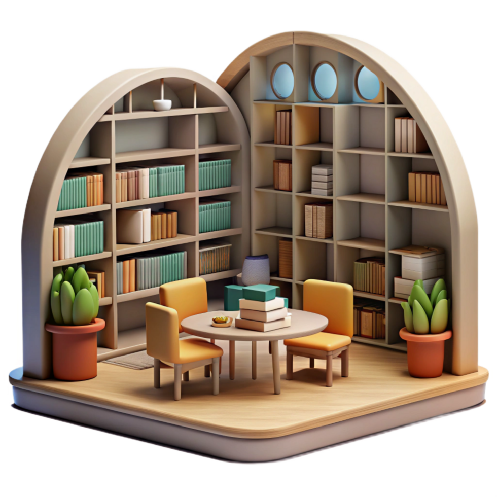 wonderful rustic Modern Library Interior with Bookshelves Cutout Element original png
