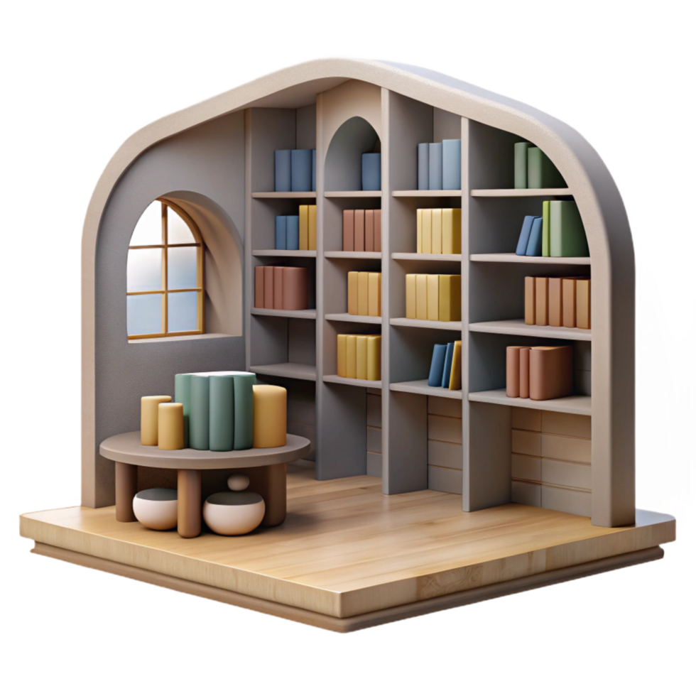 serene vintage Modern Library Interior with Bookshelves Cutout Element authentic png