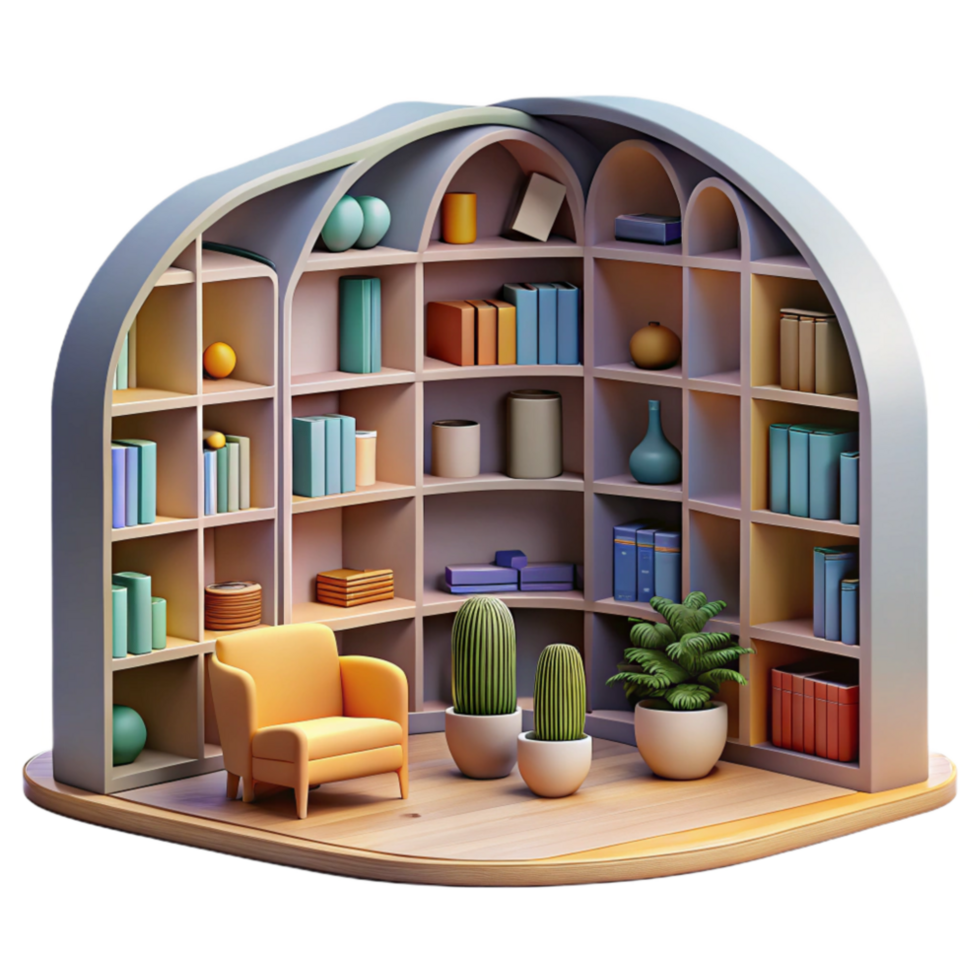 impressive classic Modern Library Interior with Bookshelves Cutout Element png