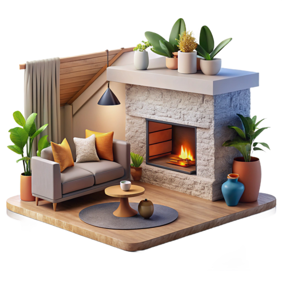 dramatic vintage Modern Living Room with Fireplace Isolated original png