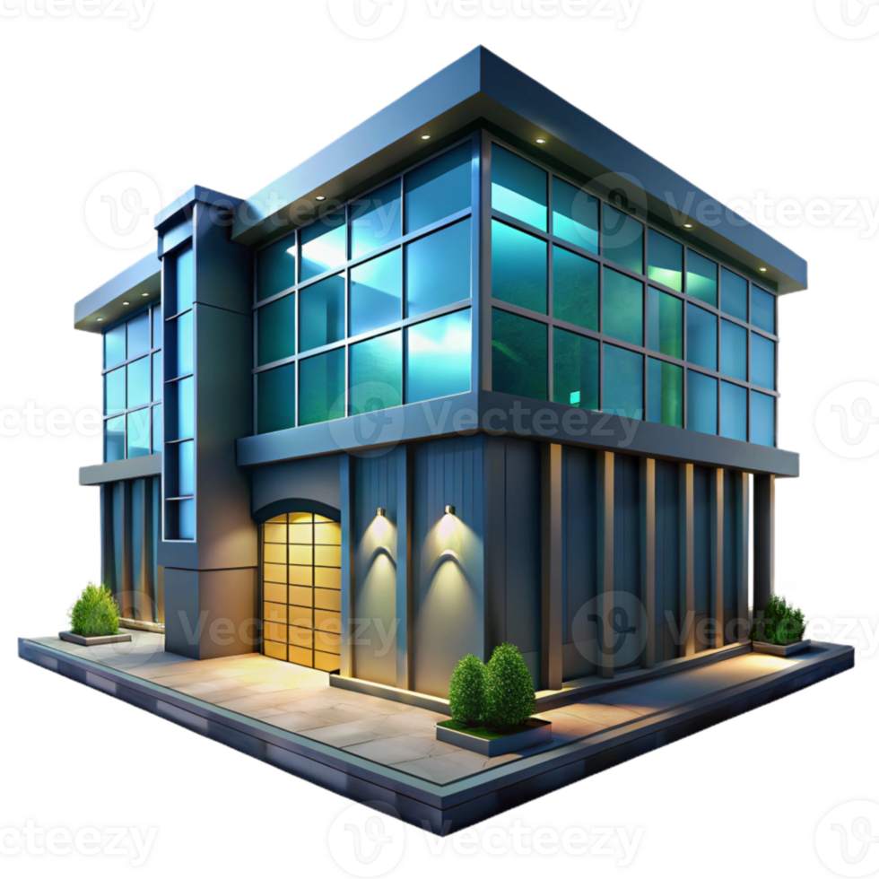 serene rustic Modern Office Building Exterior Night View Transparent Background high quality png
