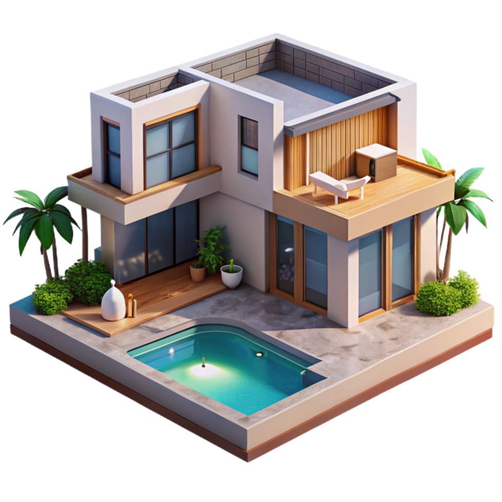 beautiful traditional Modern Villa Exterior with Pool Cutout high resolution png