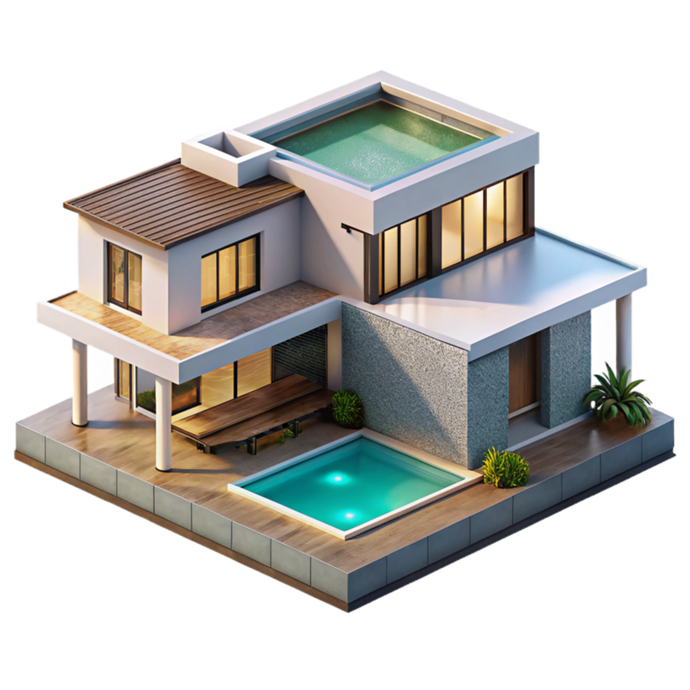beautiful modern Modern Villa with Pool Isolated on Transparent Background detailed png