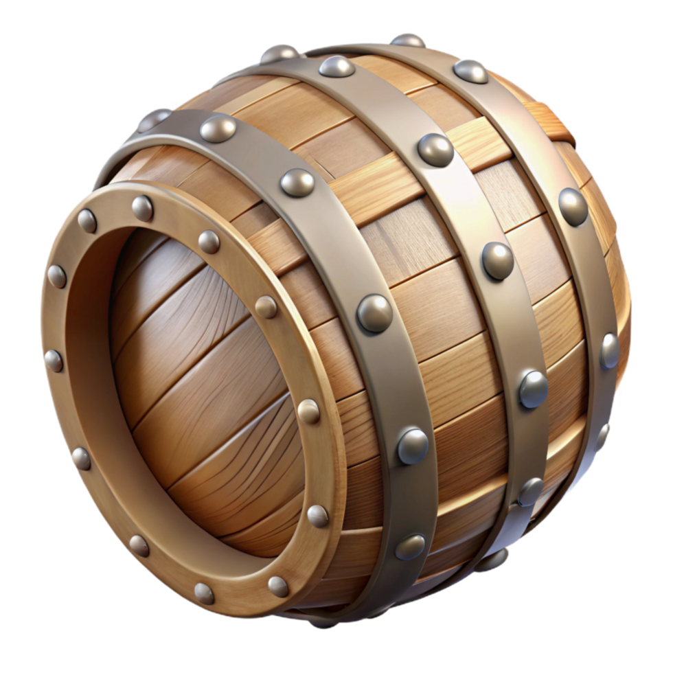 serene minimalist Oak Beer Barrel with Metal Hoops Transparent Background genuine png