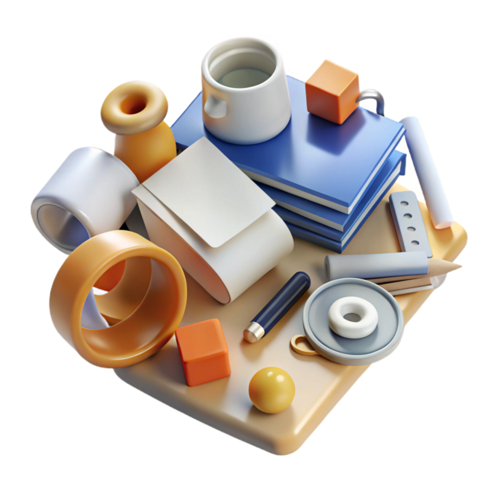 magnificent classic Office Supplies Scattered Flatlay Transparent Background detailed png