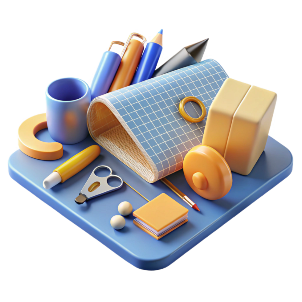 elegant rustic Office Supplies Scattered Flatlay Transparent Background high quality png