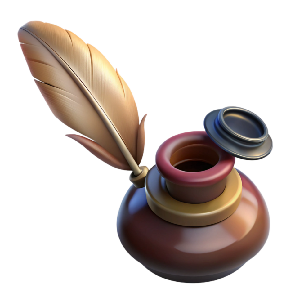 dramatic vintage Old Quill Pen and Inkwell Top View original png