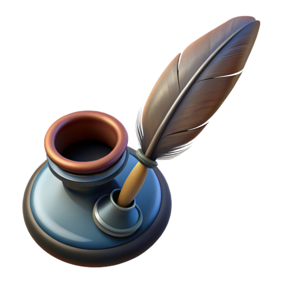 beautiful rustic Old Quill Pen and Inkwell Top View original png