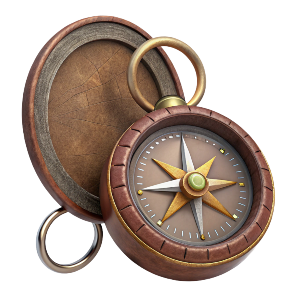 vibrant minimalist Old Pocket Compass with Leather Case Isolated original png