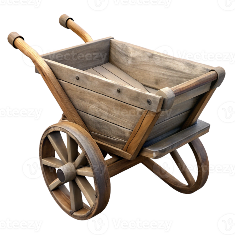 impressive minimalist Old Wooden Wheelbarrow Rustic Handles Isolated high quality png