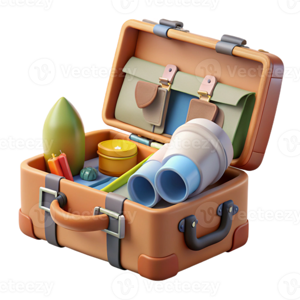 elegant rustic Open Suitcase with Travel Essentials Isolated professional png
