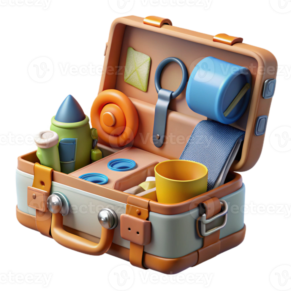 wonderful modern Open Suitcase with Travel Essentials Isolated premium png