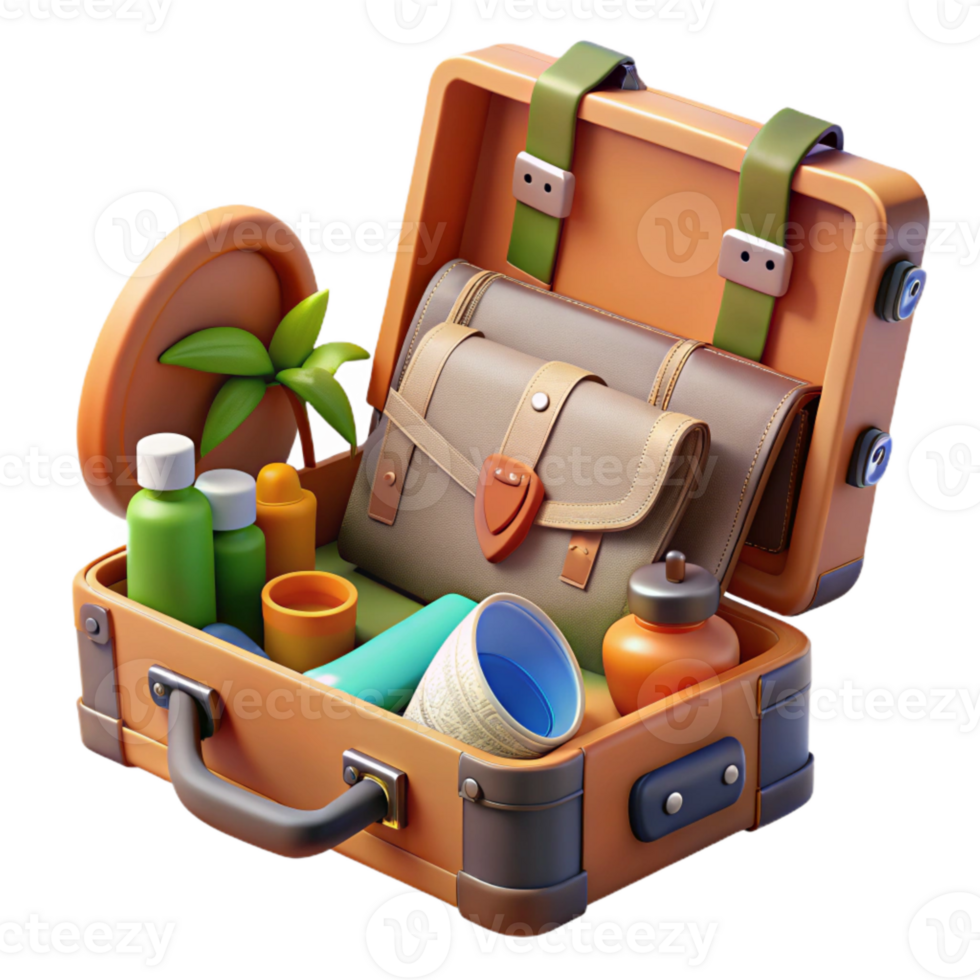 impressive vintage Open Suitcase with Travel Essentials Isolated exclusive png