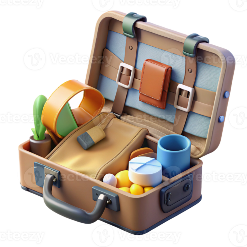 elegant modern Open Suitcase with Travel Essentials Isolated png