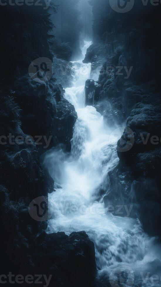 Majestic waterfall cascading through misty forest gorge in moody blue hues photo