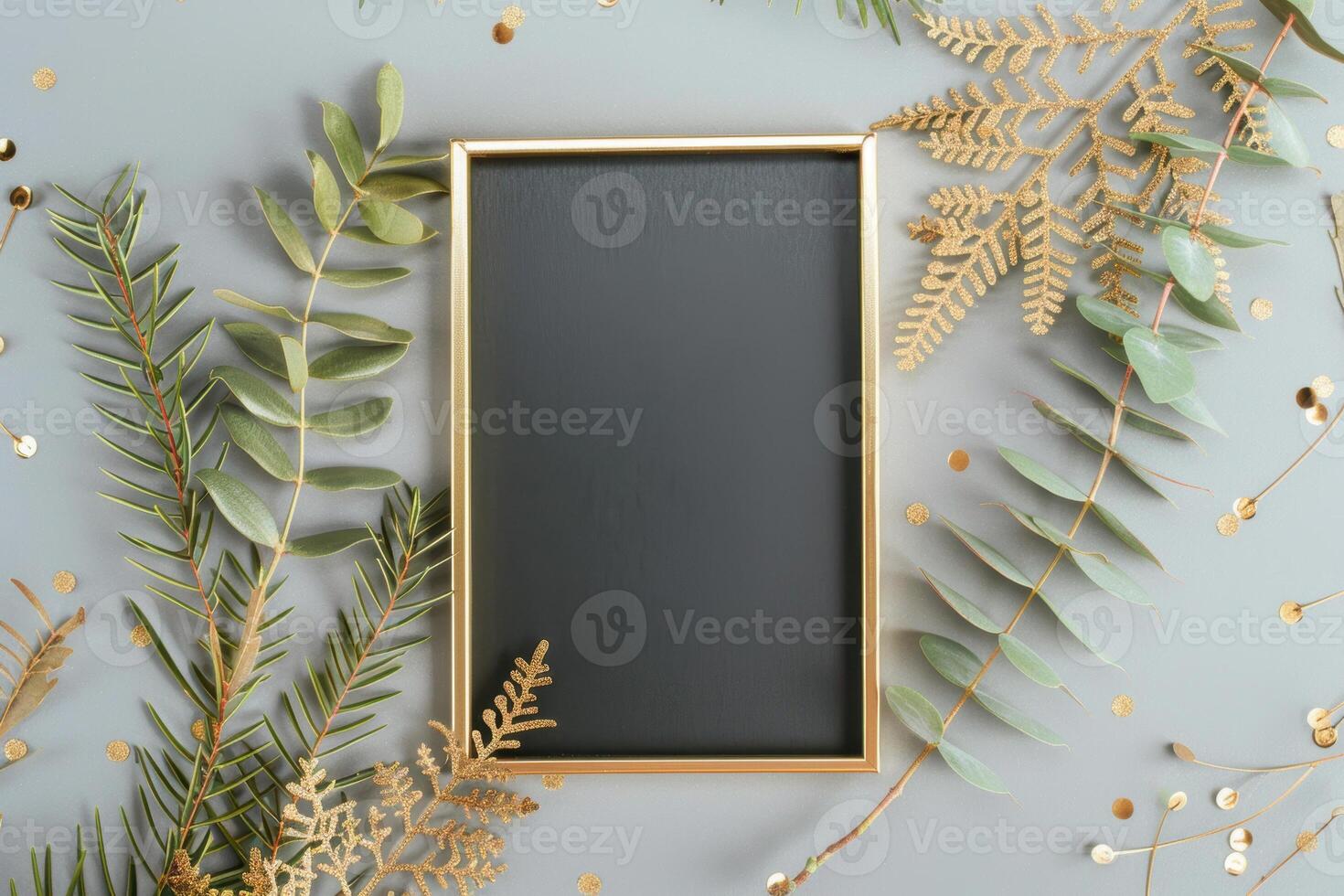 Empty gold frame surrounded by greenery and dried leaves on gray background photo