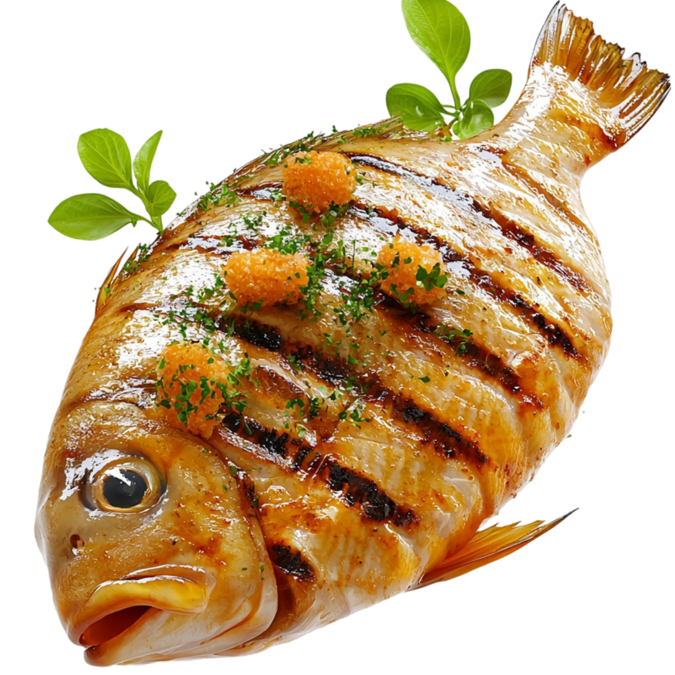 Grilled whole fish golden brown skin herbs png
