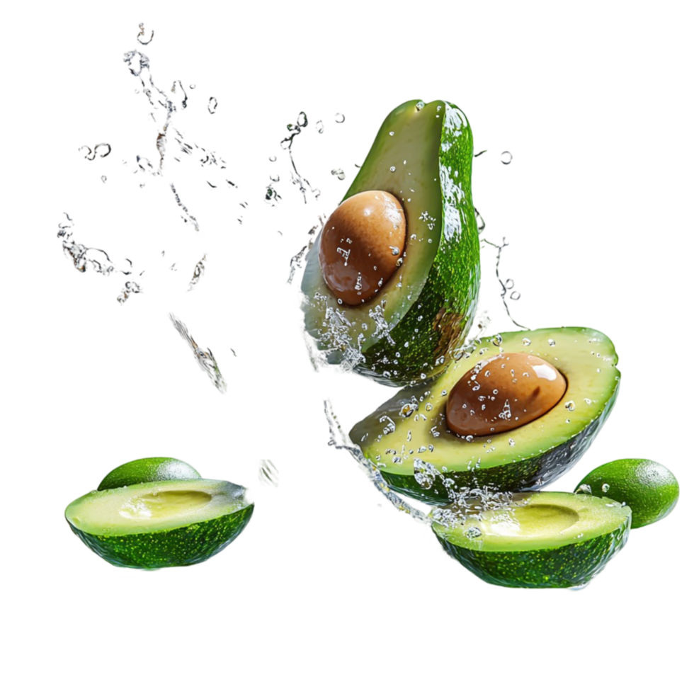 green avocados splashing into water dynamic motion png